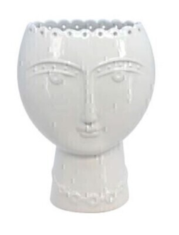 Contemporary lady head sculpture white ceramic vase by designer Gisela Graham.  This item would look equally stunning with or without flowers.  Small Size (LxWxD) 13.5cm x 19cm x 6.5cm.